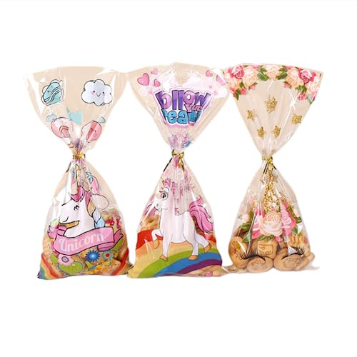 Cellophantüten 50 Pcs Zellophan Tüten Einhorn Kekstüten Süßigkeiten Gebäckbeutel Hochzeit Geschenkbeutel Transparent Taschen mit 60 Stück Twist Ties