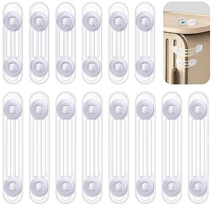 Giantzhong 14 Stück Kindersicherung Schrank Schubladen, zwei Größe Türsicherung, 8 Lang Stiel Baby Schranksicherung und 6 kurze Stiel Schubladensicherung Kinder, 3M Kleber ohne Bohren, Transparent