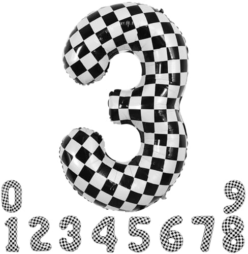 TONIFUL 40 Inch Checkered Number 3 Balloon 3rd Race Car Birthday Party Supplies Black and White Large Number Balloon for Girls Boys 3rd Birthday Fast Race Car Flag Party Decorations