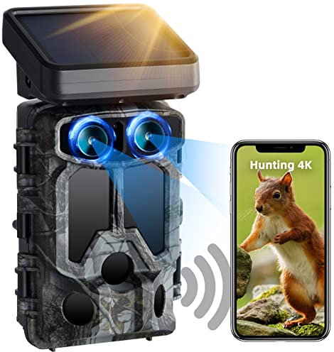 VOOPEAK Solar Wildkamera Duales Objektiv, 4K 60MP Wildkamera WLAN Sternenlicht Nachtsicht, Wildtierkamera mit Bewegungsmelder 0,1s Schnelle Auslöser 120° Weitwinkel IP66 Wasserdicht Jagdkamera