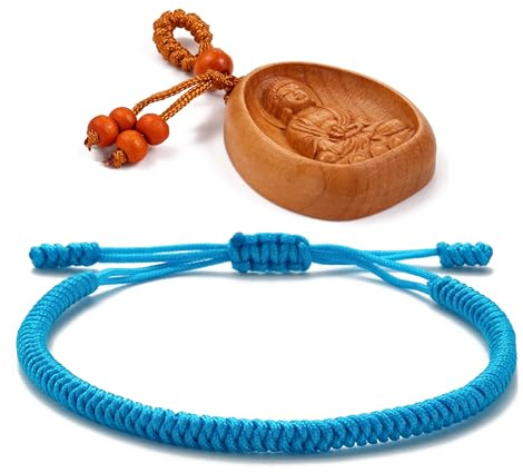 LUCKY BUDDHIST Bracciale Tibetano Buddista Regolabile – Bracciale in Corda Intrecciata per Uomo e Donna – Include Portachiavi Buddha in Legno