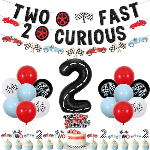 Jollyboom Décorations d'anniversaire « Two Fast Two Curious » - Décoration de 2e anniversaire pour garçon - Bannière sur le thème de la voiture de course - Guirlande de gâteau - Ballon en aluminium