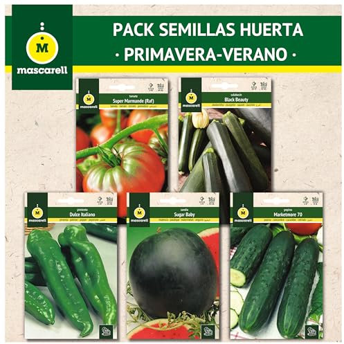 Mascarell Semillas, PACK SEMILLAS HUERTA PRIMAVERA-VERANO, Kit Huerto en Casa. Fácil de Cultivar, Contiene Tomate, Calabacín, Pimiento, Sandía y Pepino.