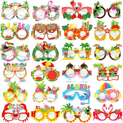 24 Stück Hawaiian Papierbrille, Tropical Hawaiian Party Lustige Brillen Foto Requisiten，Sommer Beach Party Accessoires für Kinder und Erwachsene, Hawaii Kostüm Zubehör
