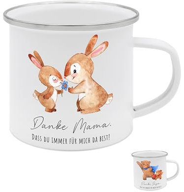 Bärenfreunde - Personalisierte Emaille Tasse Kinder mit hochwertigem Spezial-Druck – Bruchsicher, Leicht & Umweltfreundlich – Perfekt für Zuhause, Kindergarten oder Camping (Danke Mama (Hasen))