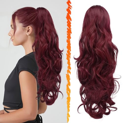 BARSDAR Coda Capelli Extension con Coulisse, 50cm Ondulati Coda Cavallo Capelli Extension Ricci Posticci per Donne Sintetici Clip in Coda di Cavallo Extensions - Rosso