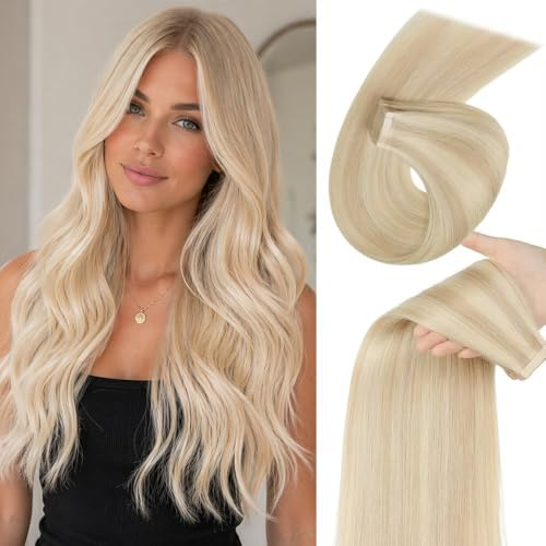 YDDM Tape Extensions Echthaar 20pcs 35cm 40g Aschblond mit Bleichblond Invisible Tape Extensions Dunkelblond Echthaar Tape Extensions Skin Weft Haarverlängerung(14Zoll,P18K/60#)