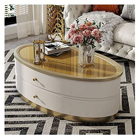 CNBYDK Beistelltische Moderner Luxus-Couchtisch mit einzigartiger Schreibtischplatte und Stabiler Basis, ovaler Sofatisch, Mitteltisch mit 2 großen Schublad