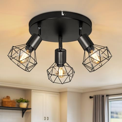 Dehobo Plafonnier Spot Orientable Luminaire Plafonnier E14 Vintage Spots de Plafond Led Cuisine 3 Spots Noir Plafonnier Industriel pour Cuisine Chambre Salon，Sans Ampoules