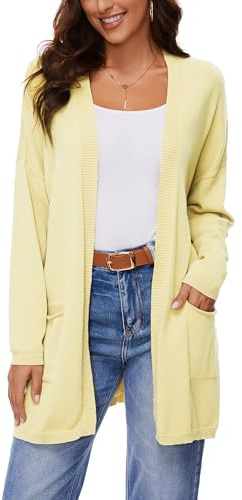BERESIA Cardigan Aperto in Cotone 100% per Donna con Tasche, Maniche Lunghe, Morbido, Oversize, Maglione Casual da Donna, Giallo Chiaro, L