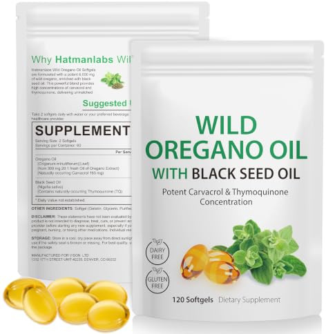 2 Pack Oregano-Öl Kapseln 6000mg mit Schwarzkümmelöl 200mg – Höchste Konzentration, 165mg Carvacrol, Vegan & GMO-frei, Unterstützt Immunsystem & Verdauungsgesundheit