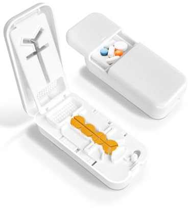 tablettenteiler，tablettenteiler für alle tabletten,Tragbarer Tablet-Cutter mit Aufbewahrungsfach und scharfen Klingen，Bequem zu tragen. (1 Weiß)