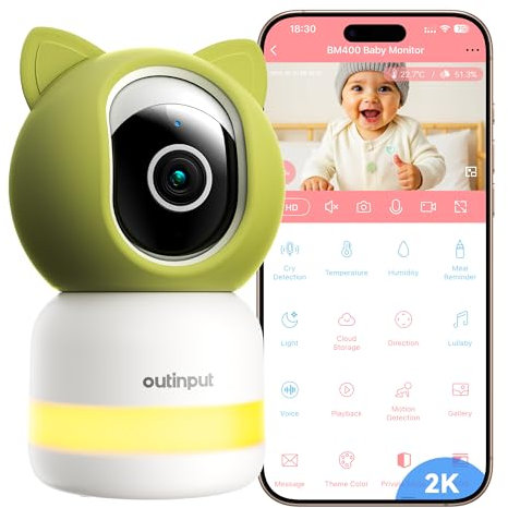 Outinput 2K/4MP WLAN Babyphone mit Kamera App, 360° Baby Monitor with Camera, Fütterungserinnerung, Schlaflieder, Farb-Nachtsicht,2-Wege-Audio, Nachtsicht, Bewegungs/Weinen/Temp/Feuchtigkeitserkennung