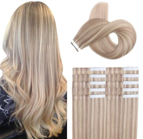 XDhair Tape Extensions Echthaar Blond Remy Echthaar Extensions 20 Stück 50g 40cm Tape Nahtlose Klebe Extensions Echte Haare Aschblond Highlight mit Platinblond #18P/613