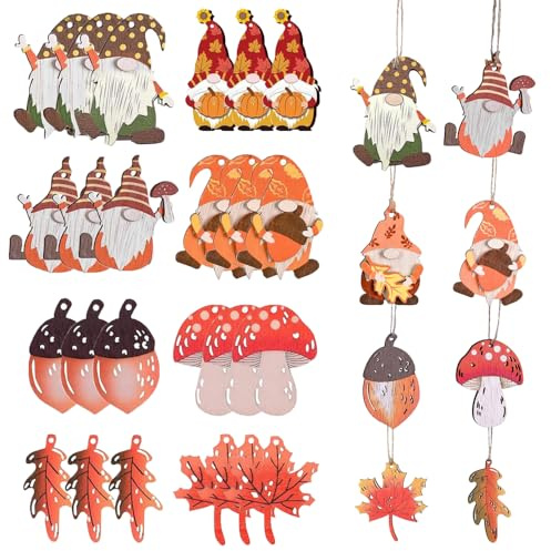 SKIKHN Deco Automne à Suspendre, 24 Pcs Décorations d'automne en Bois à Suspendre, Décoration d'automne en Bois avec Corde de Suspension, pour Cuisine, Cheminée, Mur, Fenêtre, Automne Thanksgiving