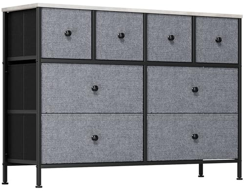 Clevich 8 Stoff-schubladen Kommode, Holzplatte, Stabiles Metallgestell, Vielseitig für Wohn- & Schlafbereich, Flur, Diele, Büro, Vintage-Design, Grau, 1 Stück
