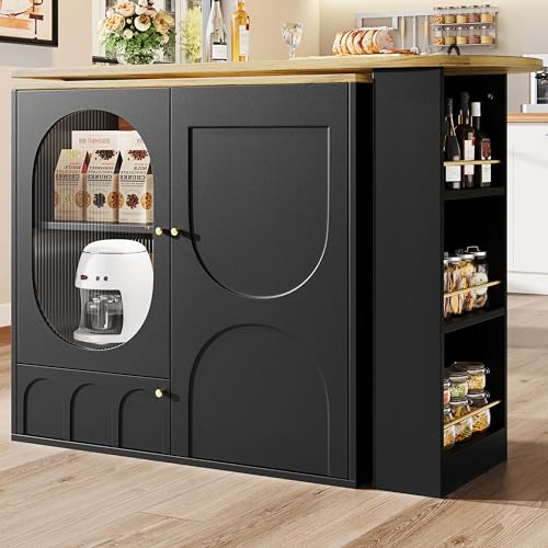 Um 360° drehbarer Bartisch, Stehtisch (Korpus 138 x 39 x 102 cm), Kaffeebarmöbel, drehbare Esstheke mit Stauraum, Kücheninsel, drei Türen mit Türregalen,herausnehmbare Trennwände (Schwarz)