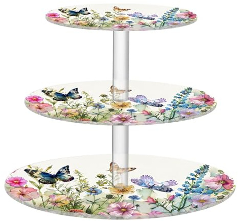 Blueangle 3-Tier Round Cupcake Stand – Colorful Herbs and Flowers Acrylic Dessert Tower, Non-Slip Tiered Dessert Stand for Baby Shower, Birthday, Wedding Party （384）