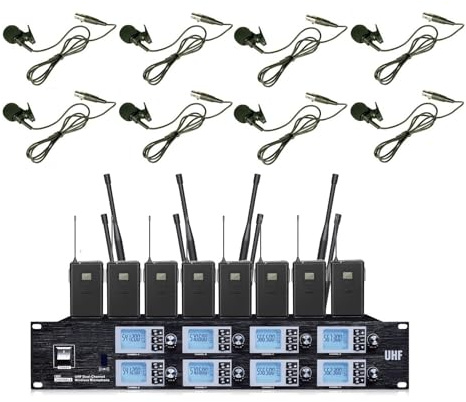 8 Channel Wireless Microphone System Pro UHF 8 Channel 8 Bodypacks 8 Lavalier mic for School Drama Theatre Stage Performance, 8 Lapel Collar Mics