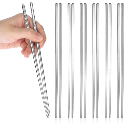 6 Paar Metall-Essstäbchen, Essstäbchen Edelstahl, Wiederverwendbare Essstäbchens, Spülmaschinenfest, 22 cm, Personalized Chopsticks Geschenkset (Silber)
