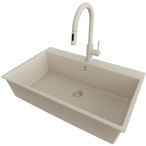 PRIMAGRAN Fregadero Granito al Mueble 80cm + Grifo, 78x50cm | Set: Grifo BW9010 + Kit de desagüe (sifón, válvula, rebosadero) + Riga 1 Seno para Cocina, Todo Beige