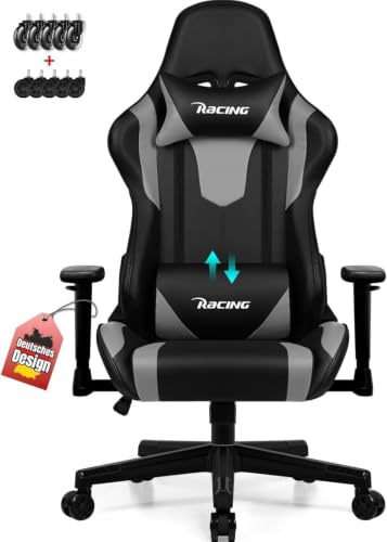 Homimaster Gaming Stuhl, Gaming Chair mit verstellbare Lendenkissen, Kopfkissen und Armlehnen,Ergonomischer Gamer Stuhl gepolstert, Gaming Stuhl 150 kg Belastbarkeit