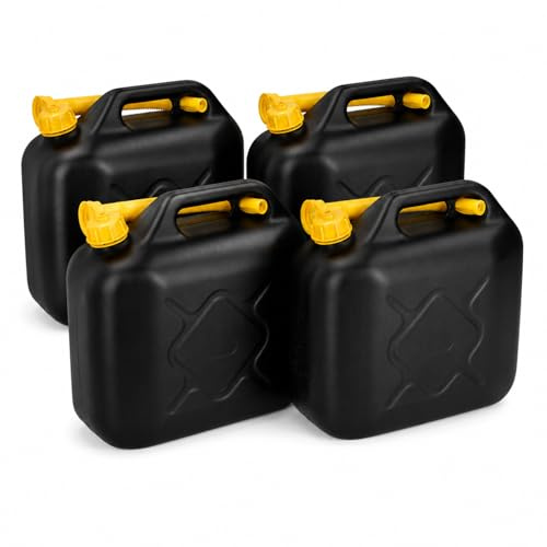 Benzinkanister 20 Liter 4er Set Kunststoff UN Schwarz Gelb Reservekanister | BURI, flexibler Ausgießer, Reservekanister, Benzin, Diesel, Wasser, auslaufsicher, stabiler Tragegriff, Kraftstofftransport