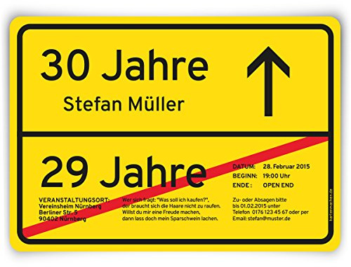 Kartenmachen.de Individuelle Einladungskarten zum Geburtstag ab 10 Stück als Ortsschild selbst gestalten - Ortstafel Gelb DIN A6