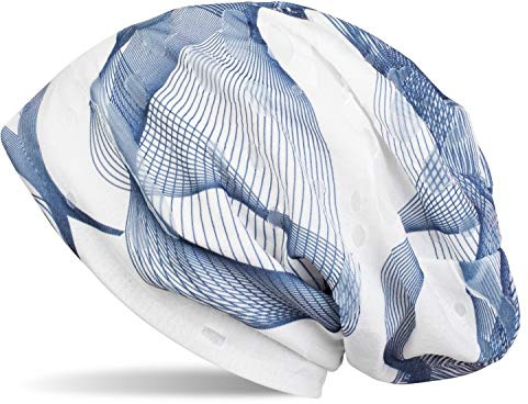 styleBREAKER Beanie Mütze mit asymetrischem Guilloche Muster im Destroyed Vintage Look, Unisex 04024073, Farbe:Blau-Weiß