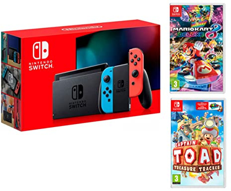 Nintendo Switch console Rouge/Bleu Néon 32Go Pack + Mario Kart 8 Deluxe + Captain Toad: Treasure Tracker
