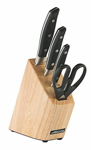 Arcos Juego de Cuchillos Profesionales (4 Piezas) - Acero Inoxidable Nitrum, Precisión y Durabilidad, Mango Ergonómico POM Negro, Incluye Tijeras y Bloque de Madera, Serie Manhattan