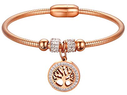 JewelryWe Schmuck Damen Armband Lebensbaum Baum des Lebens Armreif Edelstahl Strass Schlangenkette Armspange Silber/Gold/Rosegold