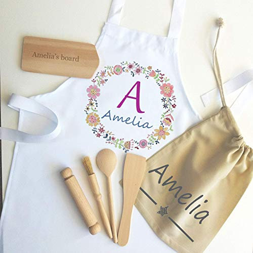 Tigerlilyprints Personalised Girls Apron Set – Custom Name Kids Baking Apron – Unicorn, Princess, Butterfly & Floral Designs – Cooking, Baking & Craft Gift (Floral Circle)