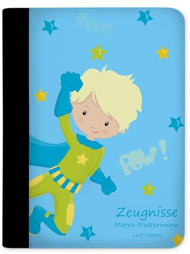 CreaDesign, Kinder Zeugnismappe personalisiert mit Namen, Zeugnis Mappe Superheld Blau, DIN A4, 26,7 x 32,7 x 1 cm, Rücken schwarz