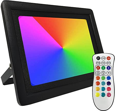 FactorLED Foco Proyector LED 50W RGB Avance SMD - IP65 Exterior - Mando a distancia - Rojo, Azul, Verde, Blanco y hasta 16 colores, para jardin, patio, terraza, decoración...