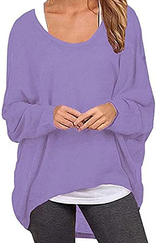 Mujer Manga de Murciélago Irregular Jersey Tallas Grandes Casual Tops Suéter Suelta Camiseta Manga Larga Morado Claro S