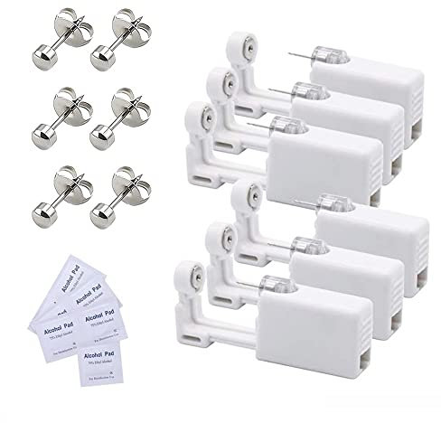 Voarge 6 pièces pistolet de perçage d'oreille, kit de pistolet de perçage de nez d'oreille stérile jetable de sécurité outil auto-perçant indolore avec des goujons d'oreille,surface lisse