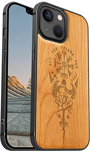 Carveit Coque magnétique pour iPhone 13 Mini [amulette Cerise] [Pare-Chocs en TPU Souple] Coque de téléphone Antichoc Compatible avec 13mini Magsafe Coque Bois (Viking Compas)