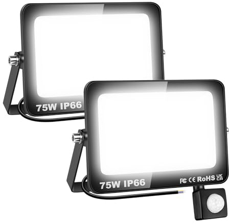 SKYWORLD 2 x Faretto con Sensore di Movimento, 75W 7500LM Fari Led Esterni | Proiettori Faretto Led da Esterno, Luci di Sicurezza Faro per Giardino Garage Patio Terrazza Cortile, 6000K Bianco Freddo