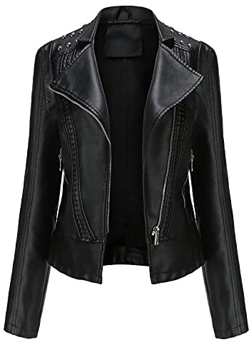 JMKEY Giacca da motociclista da donna in pelle sintetica PU giacca da motociclista corta slim in pelle sintetica con borchie