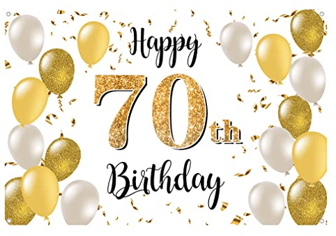 70° compleanno, decorazione per uomodonna, festoni compleanno, addobbi compleanno, 70° compleanno, in tessuto, per 70° anniversario, bianco e oro, 1,5 m