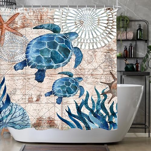 Lerores Duschvorhang 200x200cm Meeresschildkröte, Beschwerter Saum Antischimmel, Wasserabweisend, Waschbar Polyester Stoff Badevorhänge mit Ösen und 12 Duschvorhangringe für Badezimmer, Badewanne