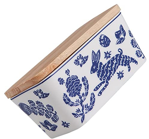 Cloche à Beurre Beurrier en céramique à motifs avec couvercle et base en bois, porte-beurre, plateau de rangement du fromage, boîtes à beurre 1 pièce Bol à beurre