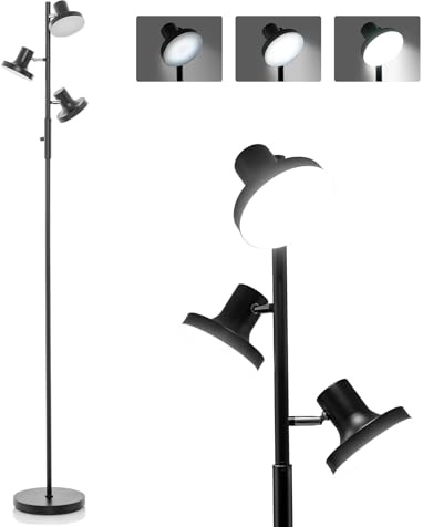 COSTWAY Dimmable Floor Lamp, Modern Standing Lamps with 3 Angle Adjustable Rotatable LED Lights & Rotary Dimmer Switch, Tall Tree Reading Lighting for Office Bedroom Dining Living Room