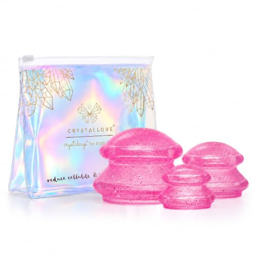 CRYSTALLOVE Silikon Massage Cups für Körper – Body Cupping Set aus Silikon, manuelle Massagebecher für Beine, Arme und Bauch, mit Kosmetiktasche, Rosa mit Glitzer