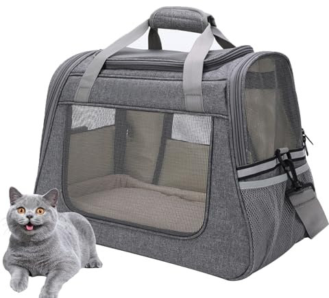 PJDDP Katzenrucksack, Haustier Hunde Katzen Rucksack,Tragbar Transportrucksack Transporttasche, Katzen Umhängetasche,Für Haustiere Reisen Atmungsaktive Rucksack Für Große Katzen Kleine Hunde,Grau