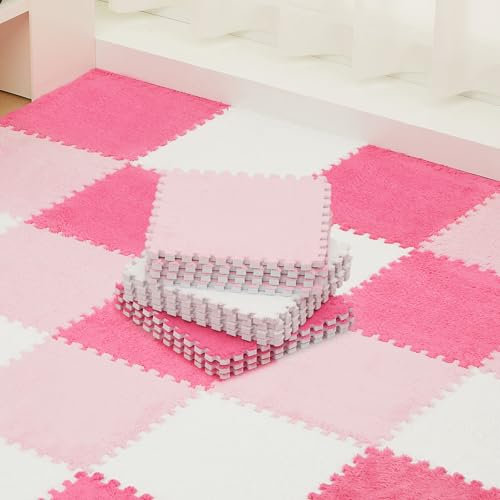 Amylove 36 Pack Plush Foam Floor Mat Square Interlocking Carpet Tiles with Border Fluffy Play Mat Floor Tiles Soft Climbing Rugs for Bedroom Playroom, 12 x 12 x 0.4 in(White, Pink, Rose Red)