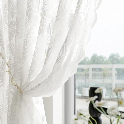MIULEE Gardine Weiß Spitzenvorhänge mit Blattmuster, Transparent Lichtdurchlässige Gardinen mit Ösen 2er Set Voile Vintage Europäische Stil für Schlafzimmer und Wohnzimmer Vorhang, 2X H225 x B150 cm