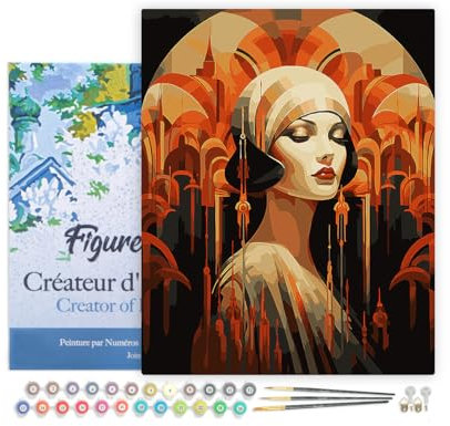 Figured'Art Peinture par Numéro Adulte avec Cadre Femme Art Déco - Activité Manuelle Kit de Loisir Créatif DIY Numéro d'Art Complet - 40x50cm toile tendue sur châssis