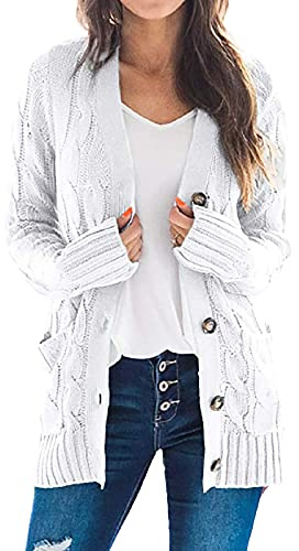 Keepink Lange Strickjacken für Damen, mit Taschen, Grobstrickpullover, langärmelig, Knopf-Top, lockere Strickware, gerippt, leichte Jacke, Damenmäntel, Übergröße 36-50, 1 x Weiß, 44